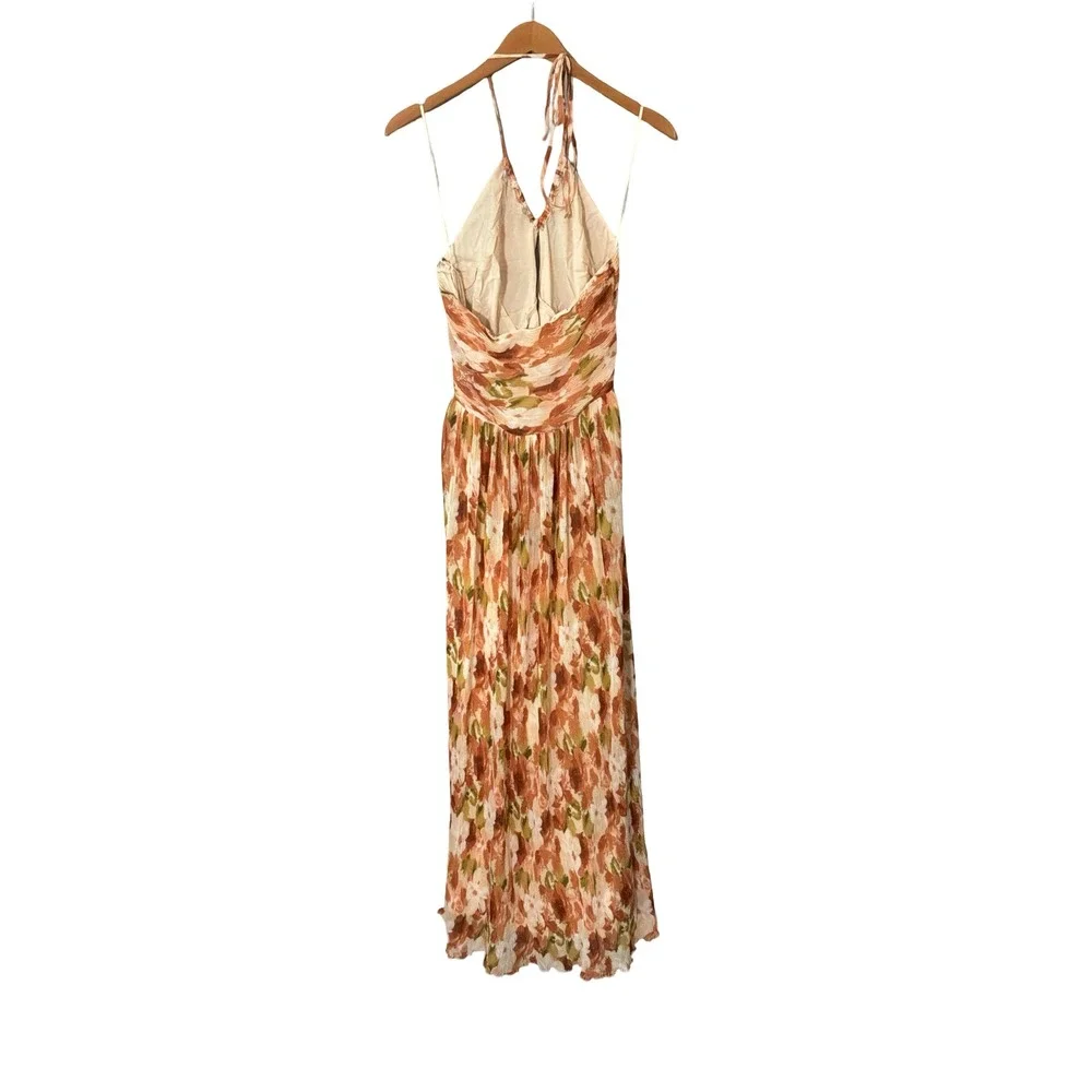 Abercrombie & Fitch Pleated Floral Halter Maxi Dress Size MT Orange Brown